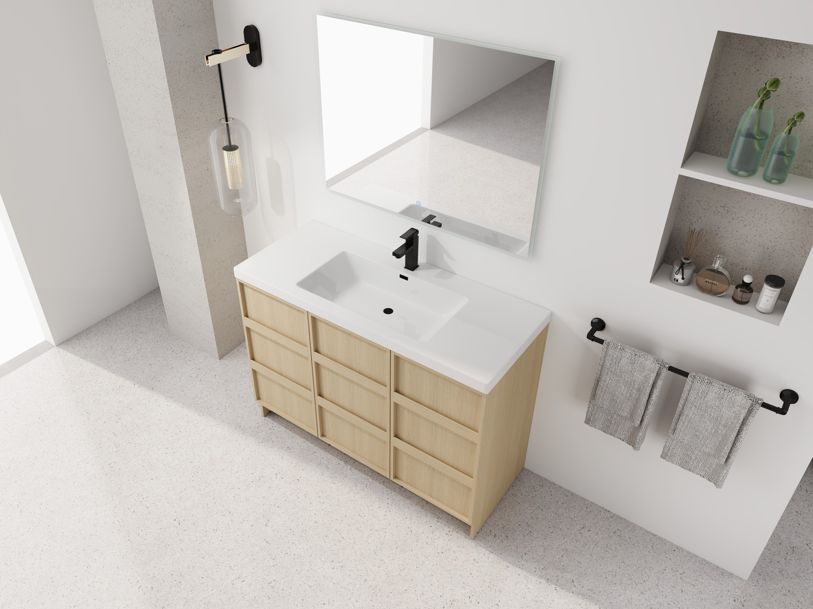 48 Inch Plywood Freestanding Bathroom Vanity Cabinet 3 Doors With Resin Sink Oak