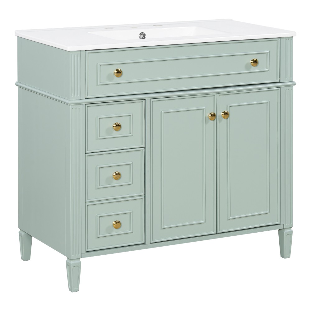 36 Inch Bathroom Vanity with Sink, Green Solid Wood Cabinet with Flip-Out Drawer