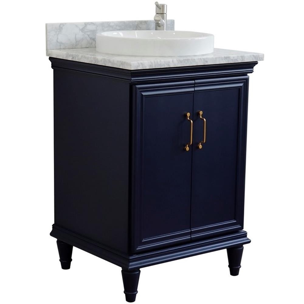 25 in. Single Wooden Vanity Blue with White Carrara Round Sink