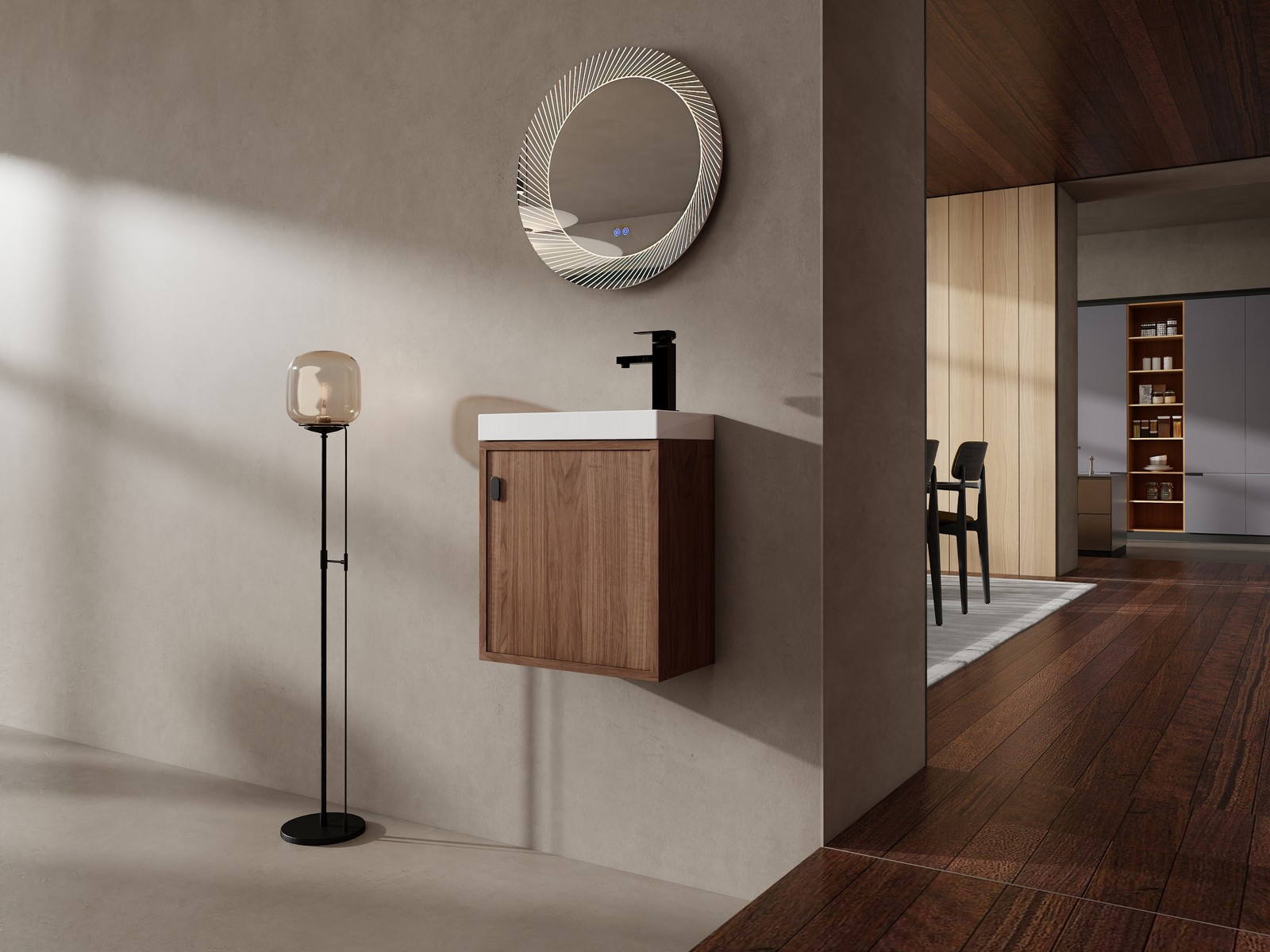 18.5″ Walnut Wall Mounted Floating Bathroom Vanity W/ Door Storage W/ Resin Sink