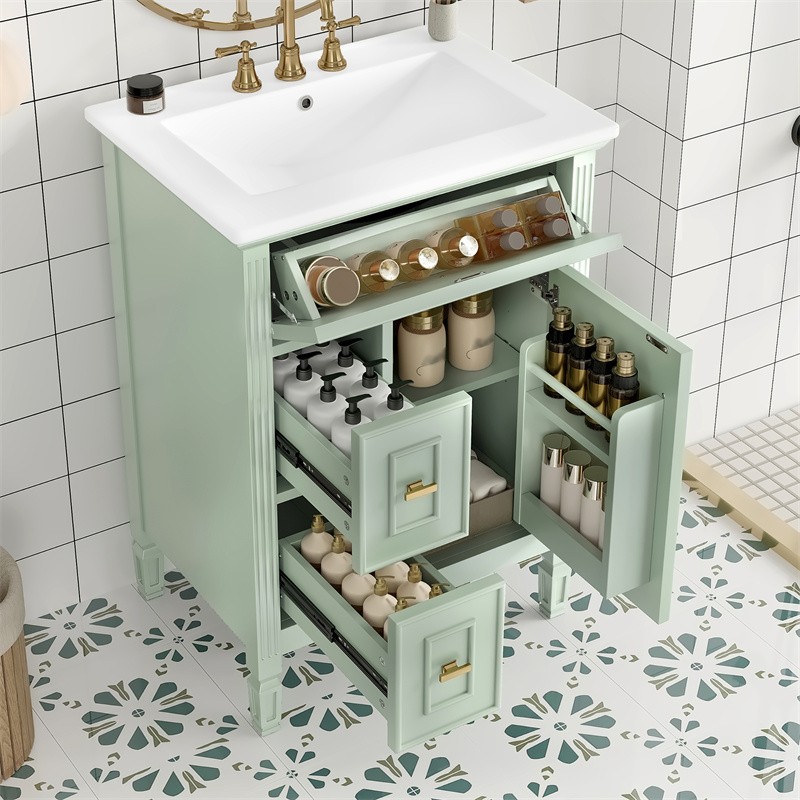 24-In Modern Bathroom Vanity with Ceramic Sink,Green Wood Cabinet with 3 Drawers