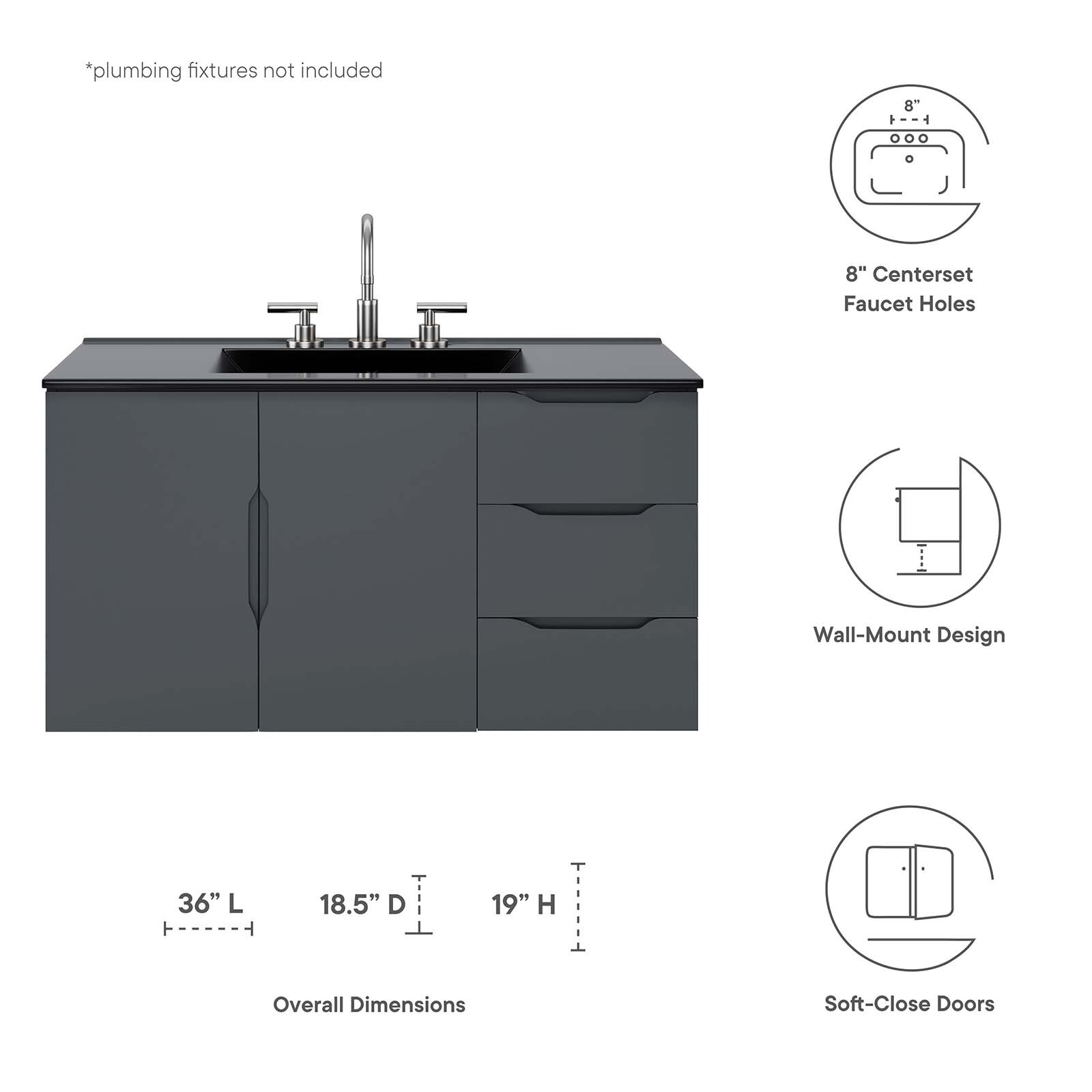 Modway Vitality 36″ Wall-Mount Bathroom Vanity in Gray Black