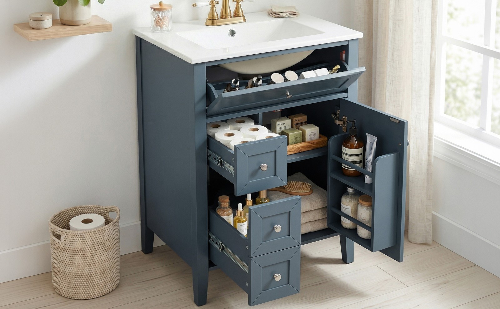 24″ Blue Gray Bathroom Vanity with Ceramic Sink & Soft-Close Drawers