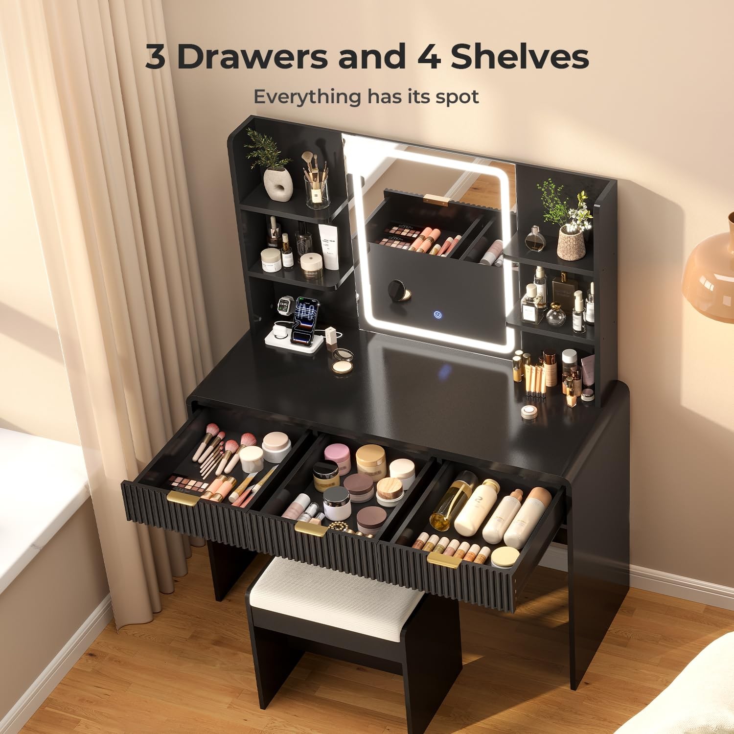 Fluted Vanity Desk with Mirror & Lights, Stool, Power Outlet Black