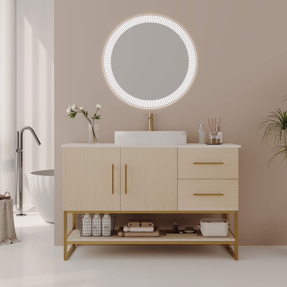 36″ Modern Bathroom Vanity Ceramic Vessel Sink Gold Accent Free Standing Cabinet