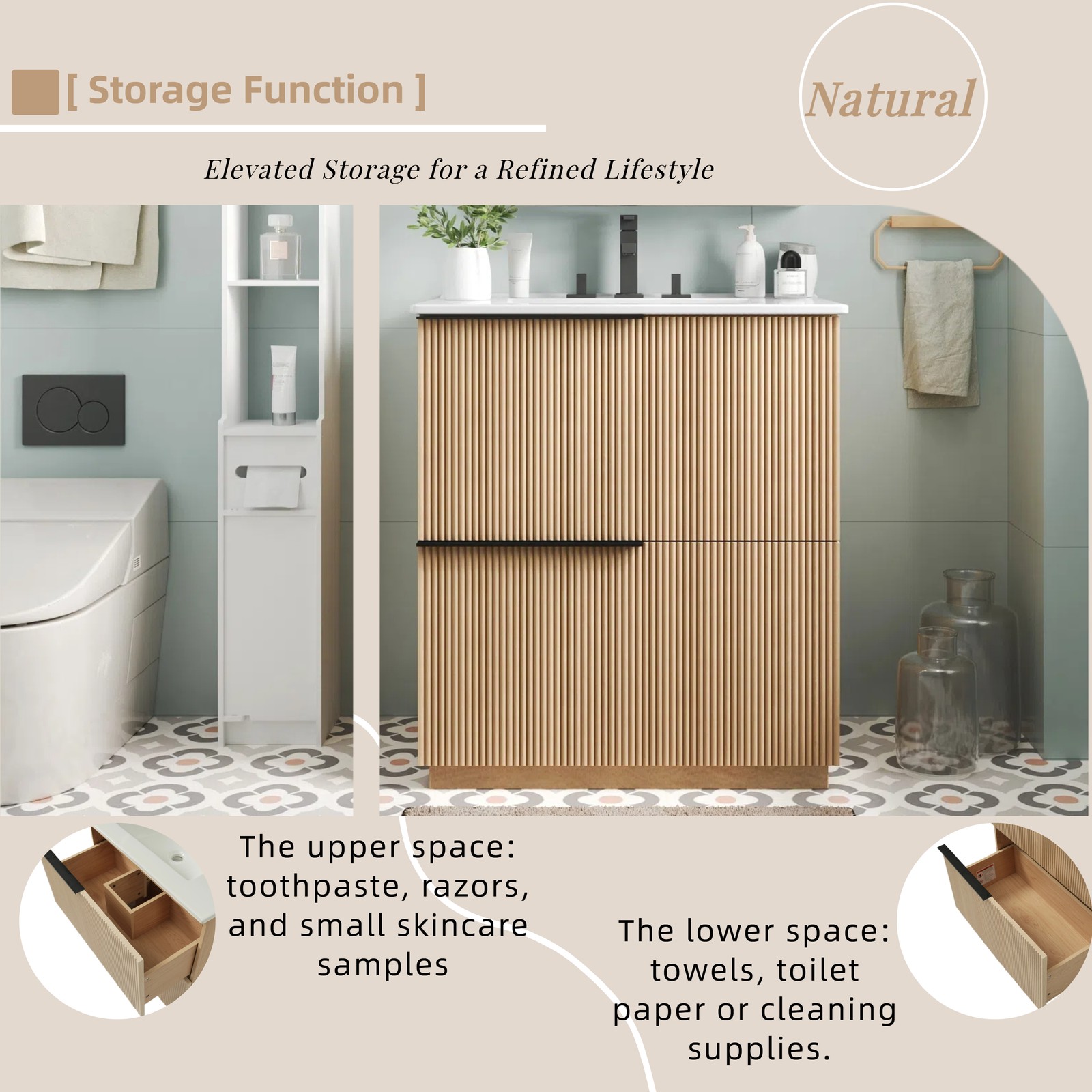 30″ Bathroom Vanity with Ceramic Sink, Soft Close Drawers, Fluted Design