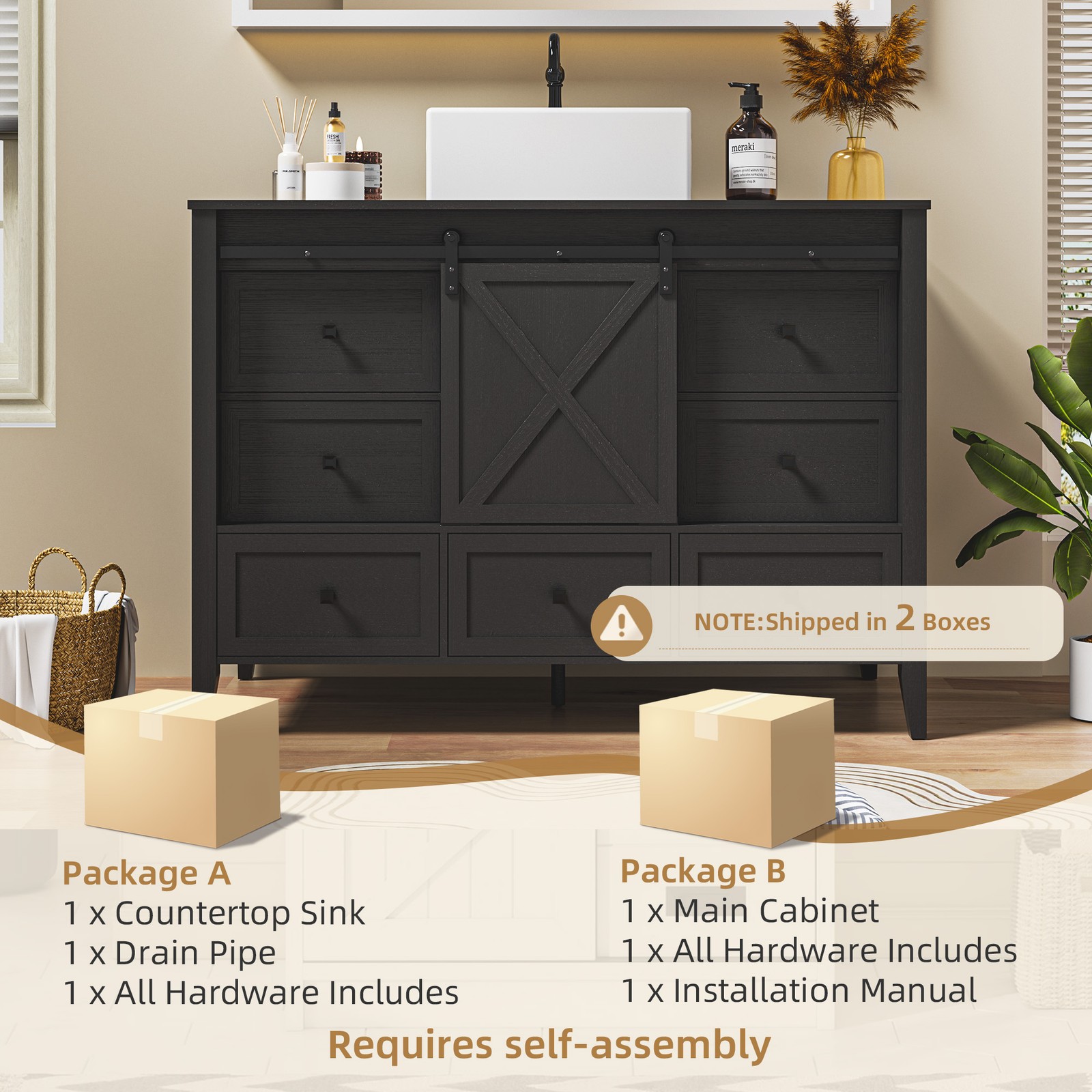 48” Bathroom Vanity w/ Single Sink Ceramic Freestanding Cabinet 7 Drawers & Door