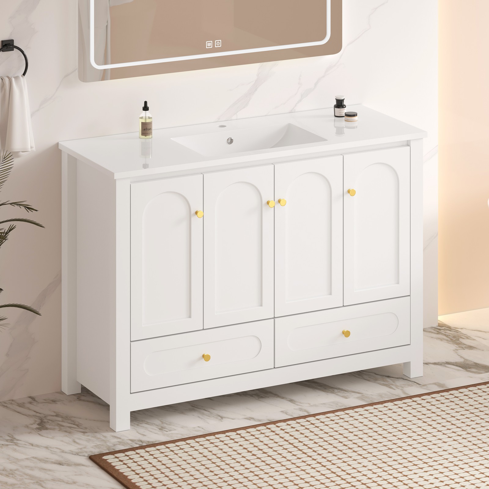 48 Inch White Bathroom Vanity with Resin Sink, 4 Doors 2 Drawers
