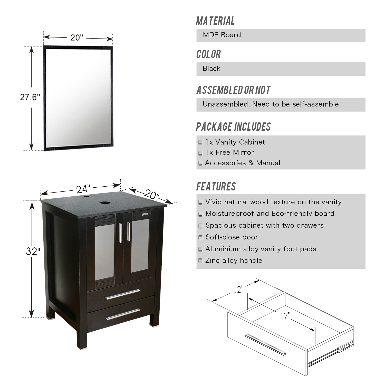 72″ Bathroom Vanity Set W/ Vessel Sink Set Cabinet Faucet Black Combo No Mirror