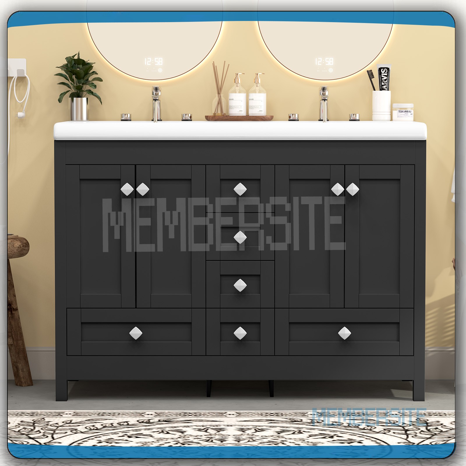 Black Bathroom Vanity Cabinet 47.3″ Double Ceramic Sinks , 2 Doors & 6 Drawers