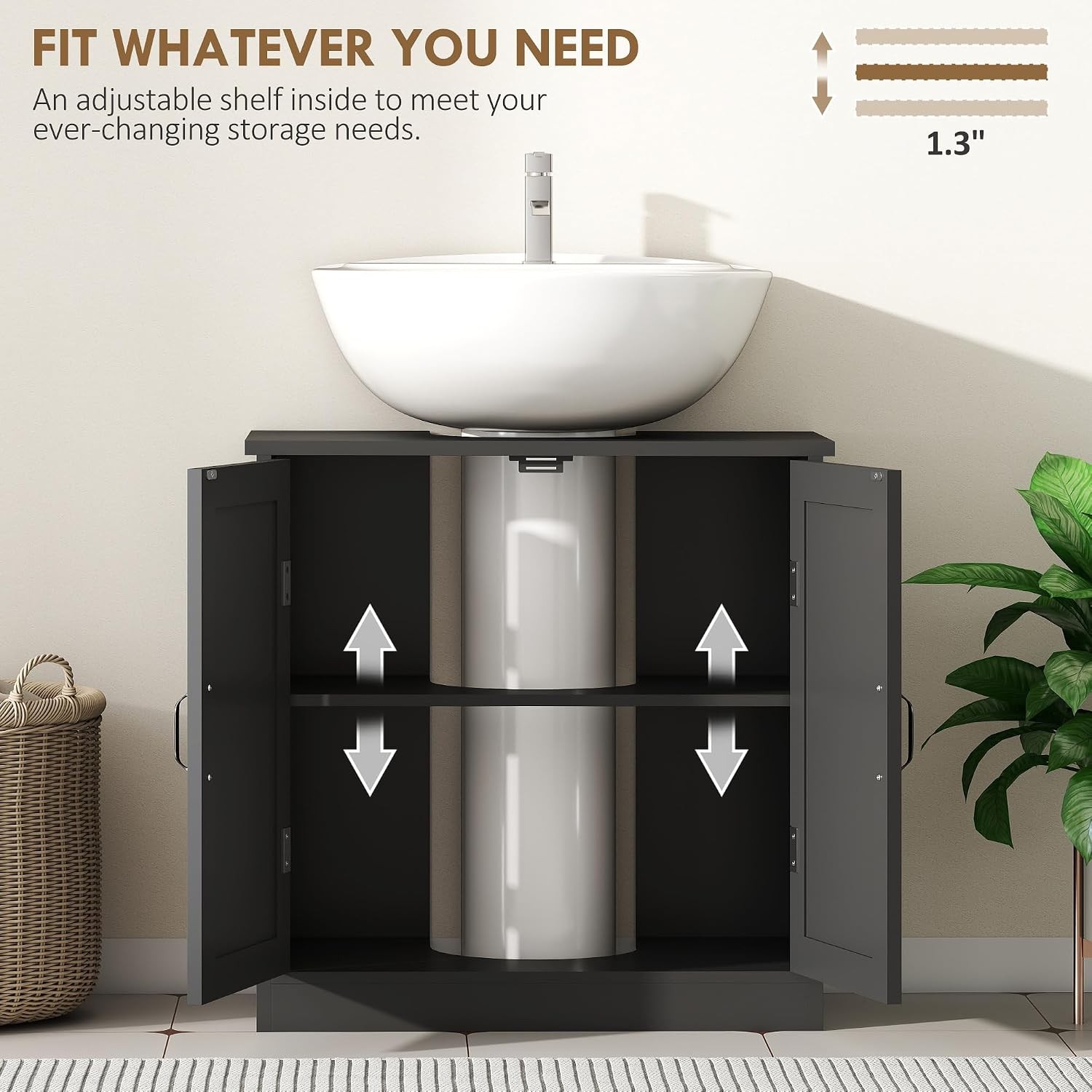 Pedestal Under Sink Storage Cabinet Black, Bathroom with U-Shape Cut-Out 2 Doors