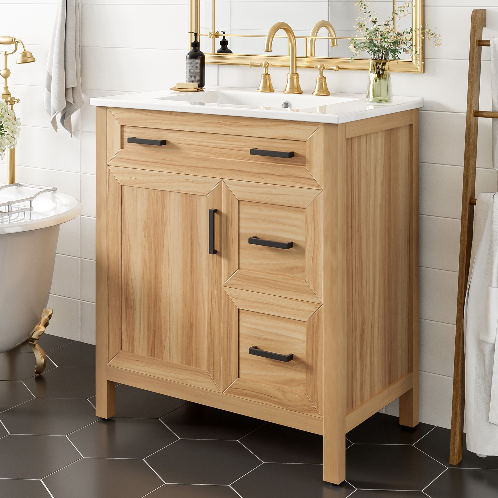 30″ Bathroom Vanity Solid Wood Frame W/Soft Close Door 2 Drawers Storage Cabinet