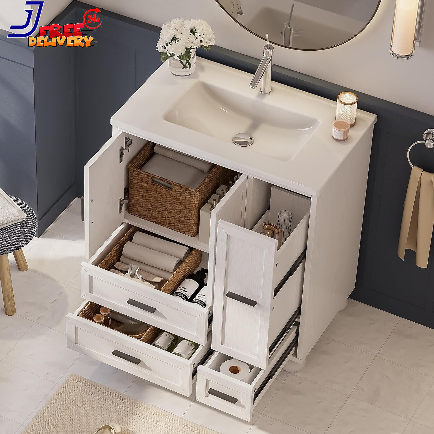 Modern 29.5″ Bathroom Vanity with Sink Hair Tool Drawer & Quick Assembly