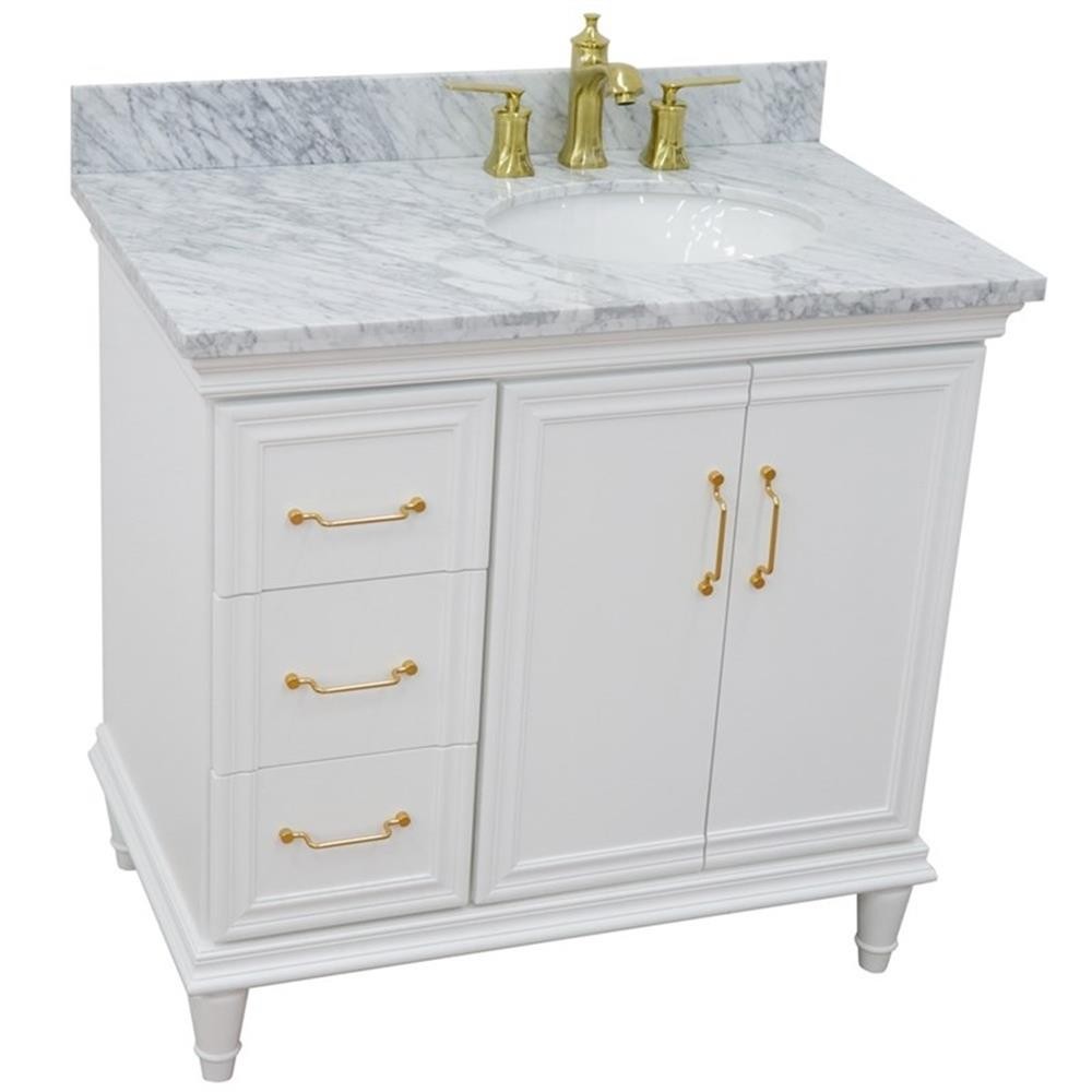 37 in. Single Wooden Vanity White White Carrara Oval Right Door.Right Sink