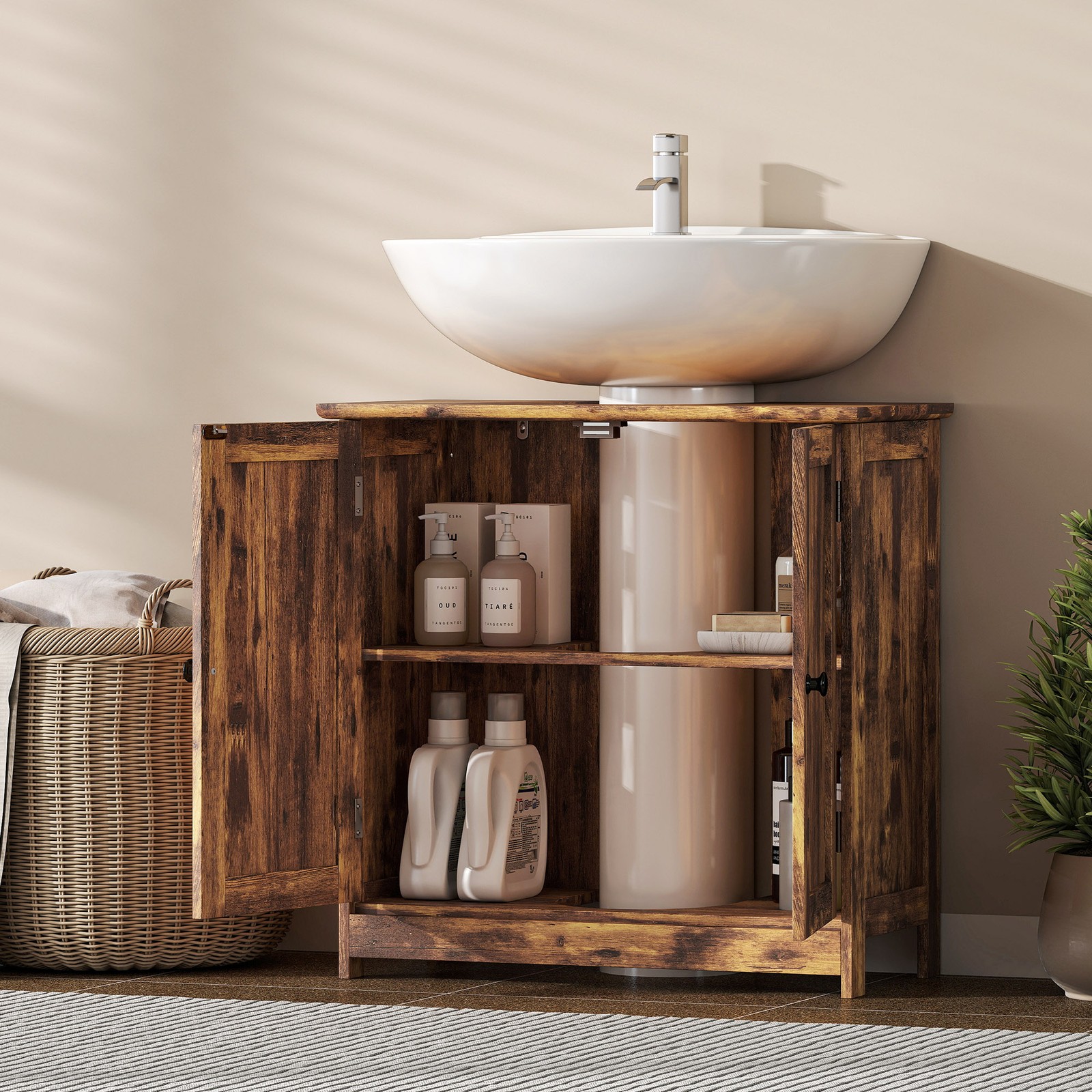 Under Sink Bathroom Cabinet with 2 Doors and Shelf, Rustic Brown