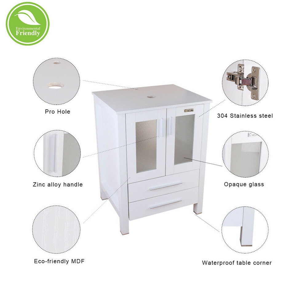 24 Inch White Bathroom Vanity With Sink Glass Ceramic Mirror Cabinet Set Faucet