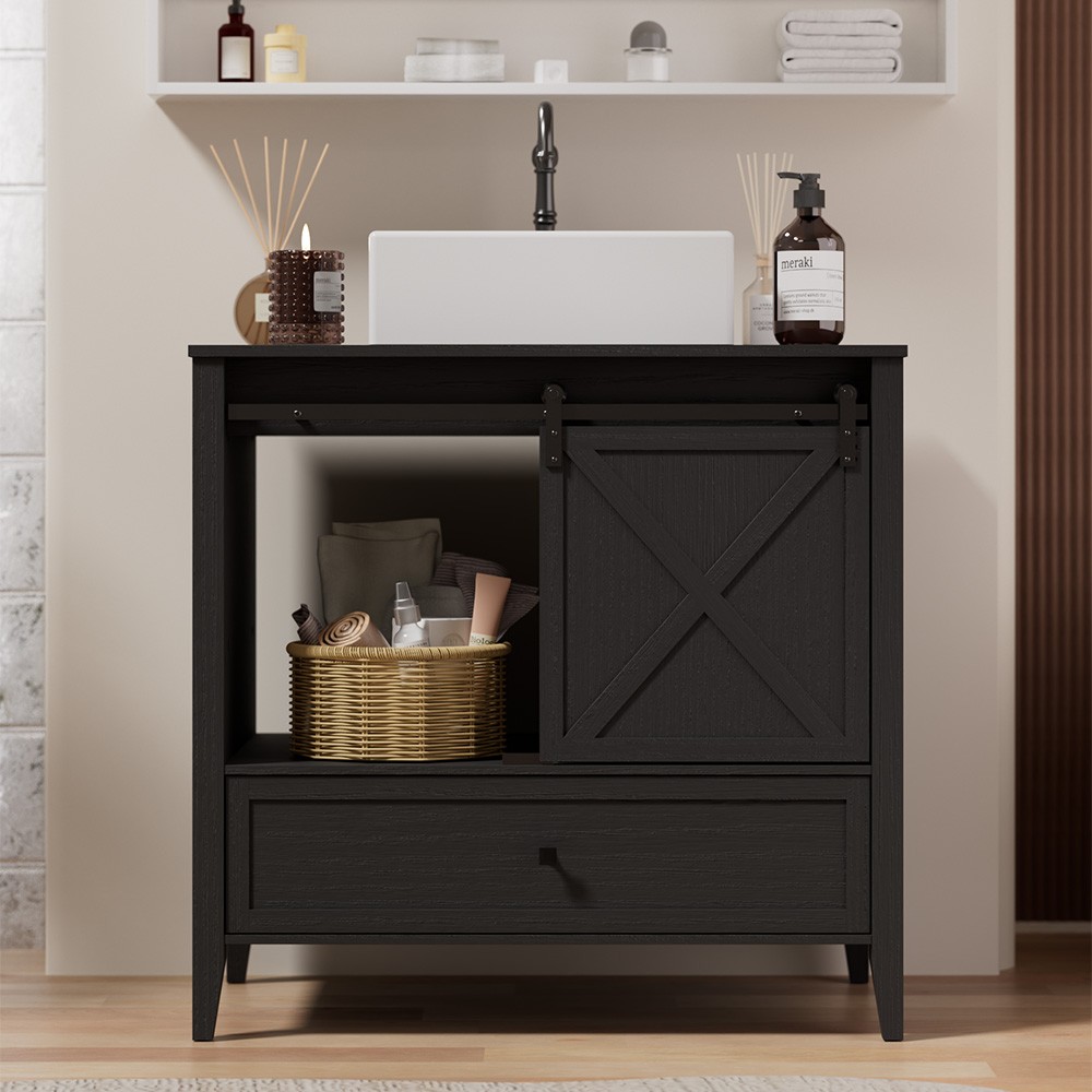 36″ Bathroom Cabinet Vanity w/ Single Sink Ceramic Basin No Mirror Faucet Black