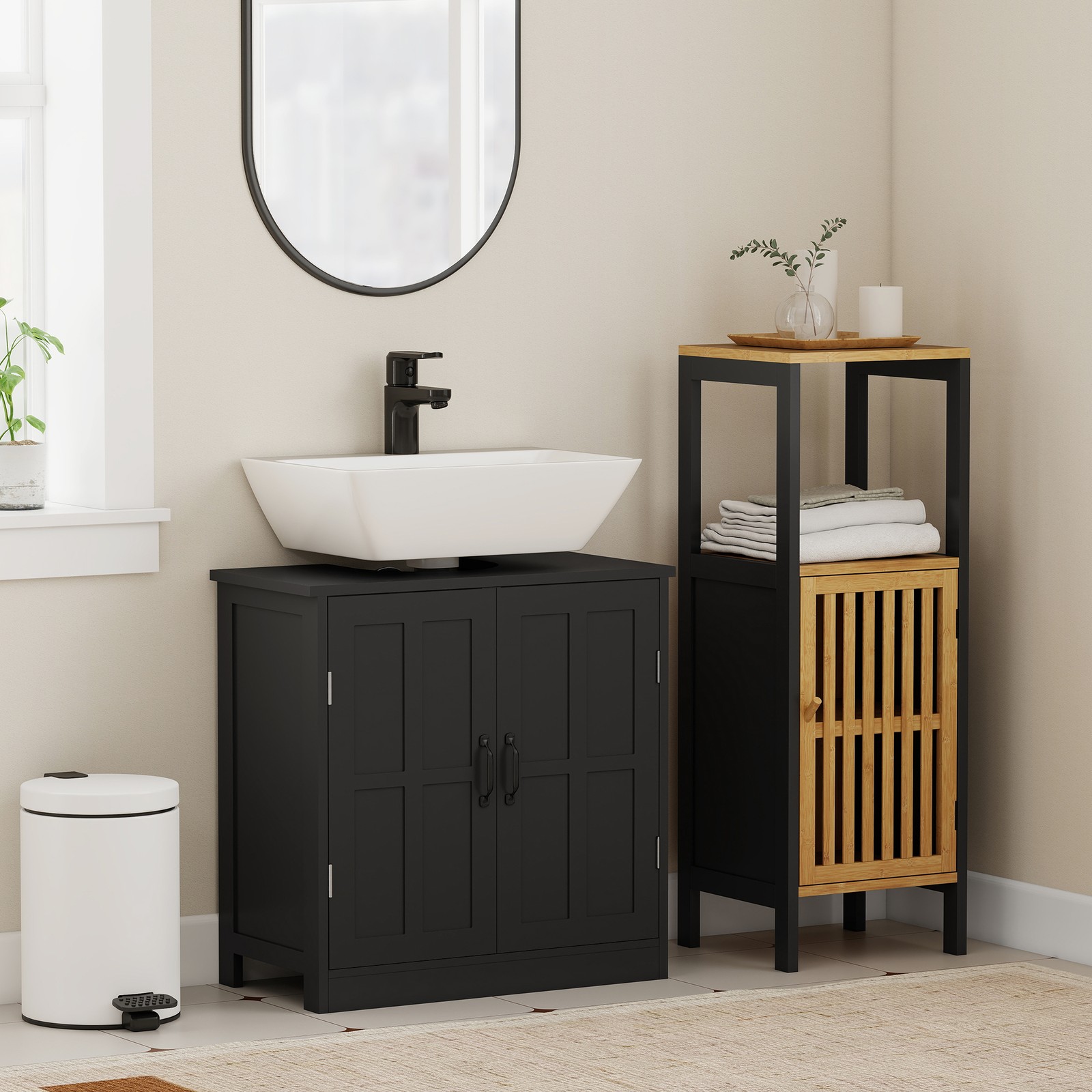 Sink Cabinet, Pedestal Sink Cabinet with Adjustable Shelf, Black