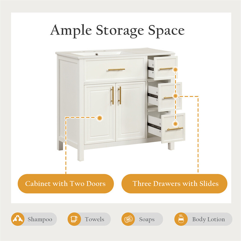 36″ White Bathroom Vanity w/Ceramic Sink Bathroom Cabinet w/2 Doors & 3 Drawers