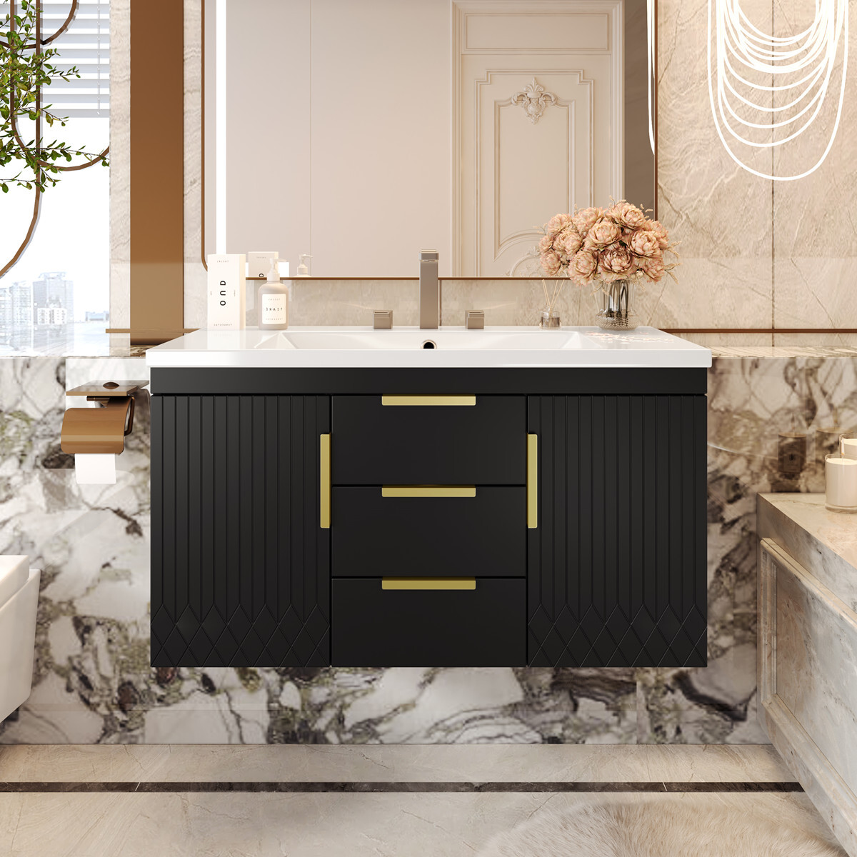 36″ Wall Mounted Bathroom Vanity w/Sink, Floating Vanity Cabinet 2 Drawers Doors