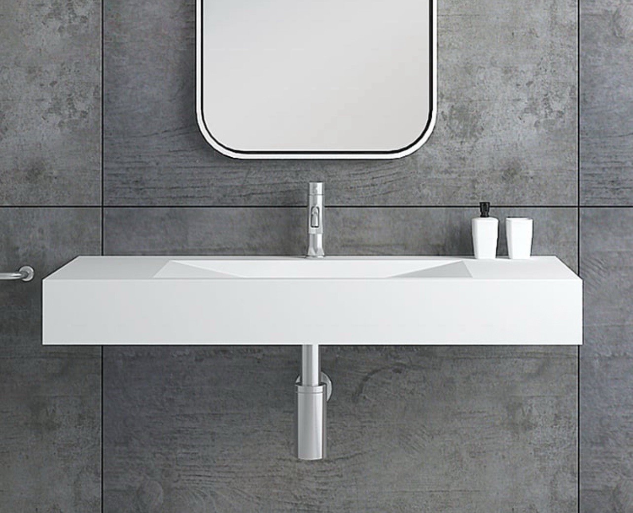 Matte White Wall-Mount Floating Sink Solid Surface Stone Resin Bathroom