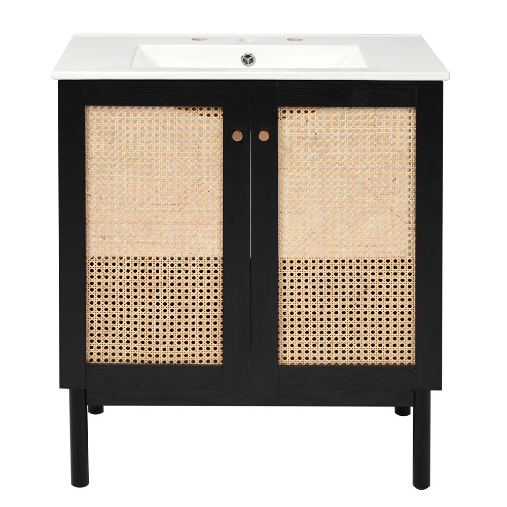 30″ Bathroom Vanity w/ Sink, Freestanding Vanity Storage Cabinet, 2 Rattan Doors