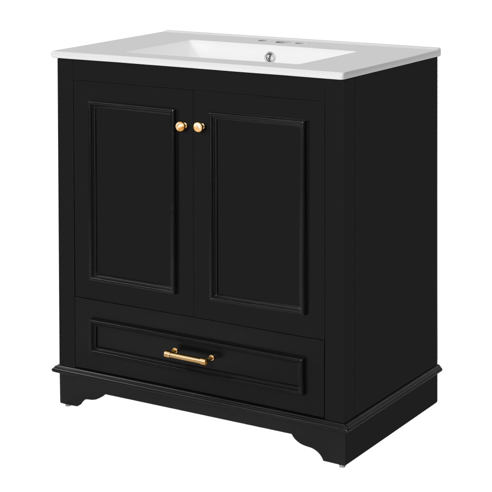 30″ Solid Wood Bathroom Vanity w/Ceramic Sink,2 Soft Close Doors,Storage Cabinet
