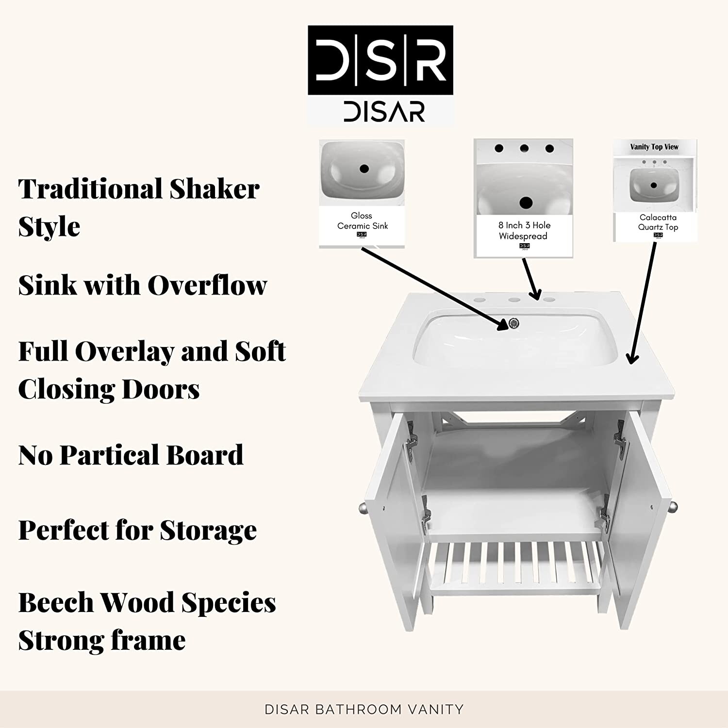DSR 24” Single Shaker Solid Wood Bathroom Vanity with Calacatta Quartz Top