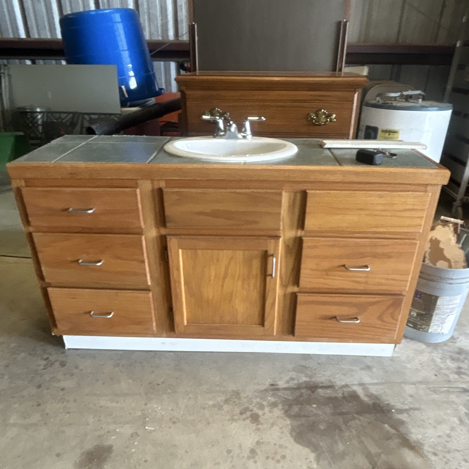 Freestanding Single Sink Vanity w/ Mirror, 5 Drawers, 54x19x31 Brown