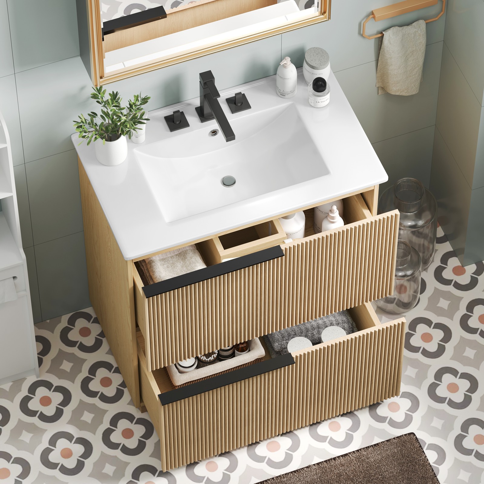 30″ Bathroom Vanity with Ceramic Sink, Soft Close Drawers, Fluted Design