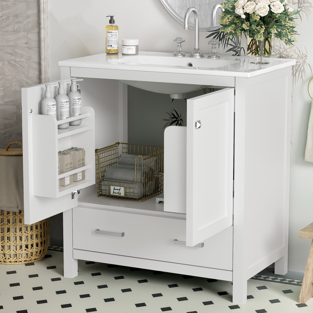 30″ Transitional Bathroom Vanity,Ceramic Sink,2 Door Cabinet & Drawer,Solid Wood