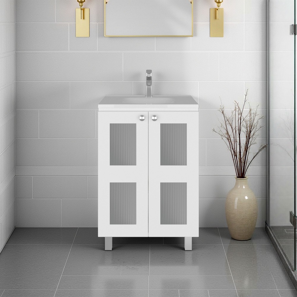 35″ White Bathroom Vanity w/ Resin Sink & Frosted Glass Doors