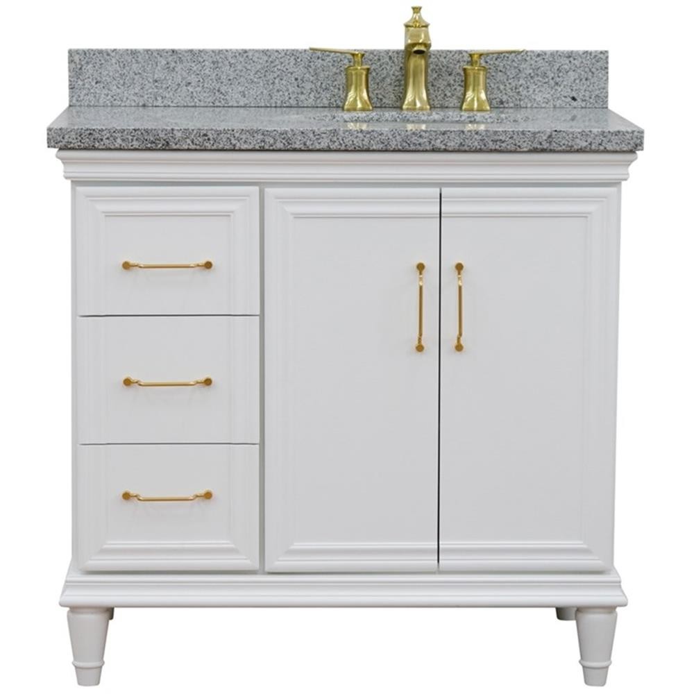 37 in. Single Wooden Vanity White Gray Granite Oval Right Door.Right Sink
