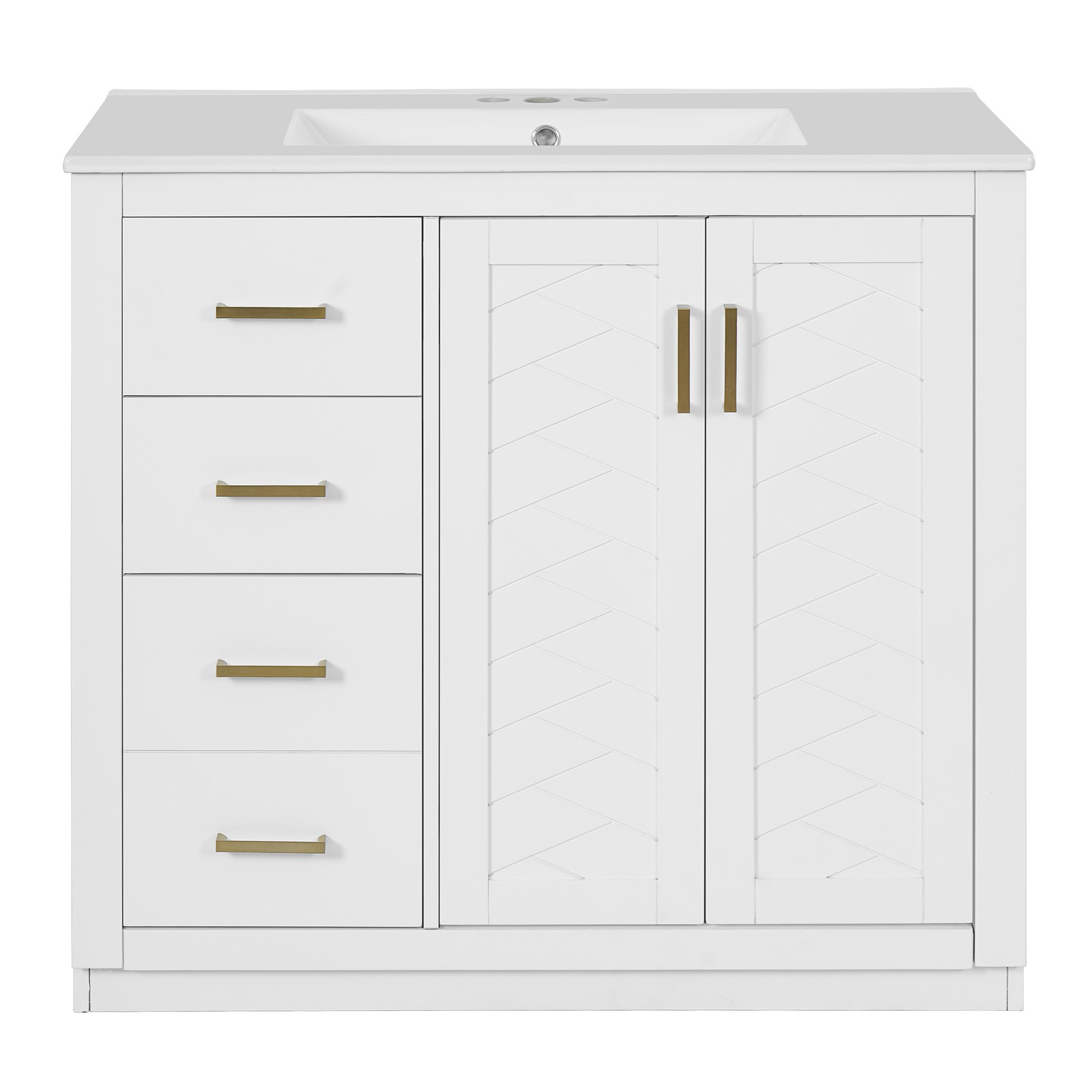 36″ Bathroom Vanity with Ceramic Sink, Solid Wood Frame, 3 Drawers & Doors