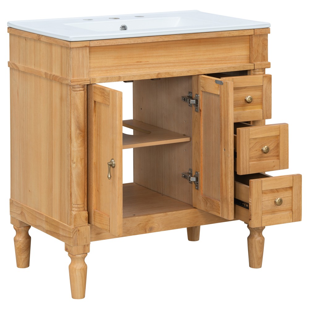 30-Inch Modern Bathroom Vanity, Solid Wood Frame + MDF, 2 Doors 3 Drawers