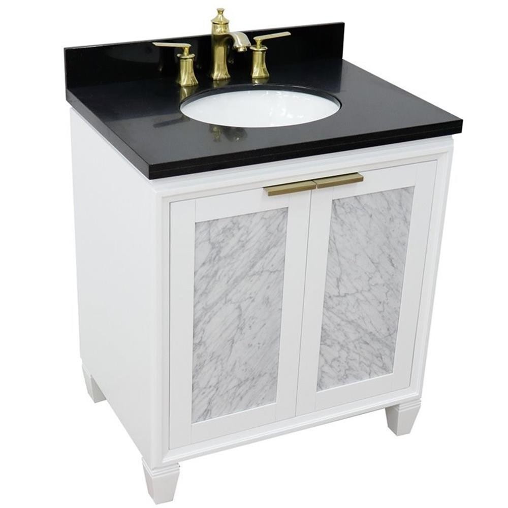 Trento 31″ Single Oval Sink Solid Wood Vanity in White/Black Galaxy