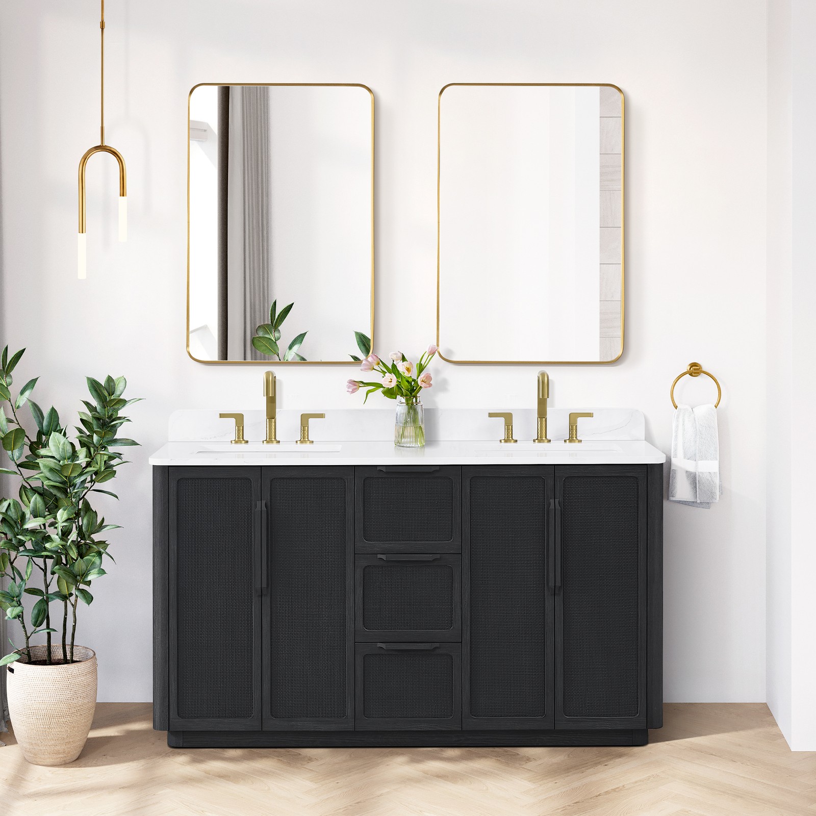Busan 60M” Double Bath Vanity in Oak Classic Black with White Quartz Stone Top