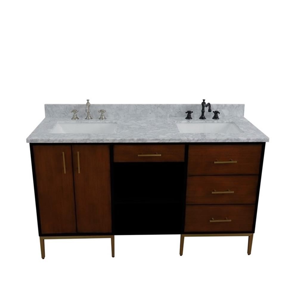 61 in. Double Wooden Vanity Walnut Black White Carrara Marble Rectangle Sink