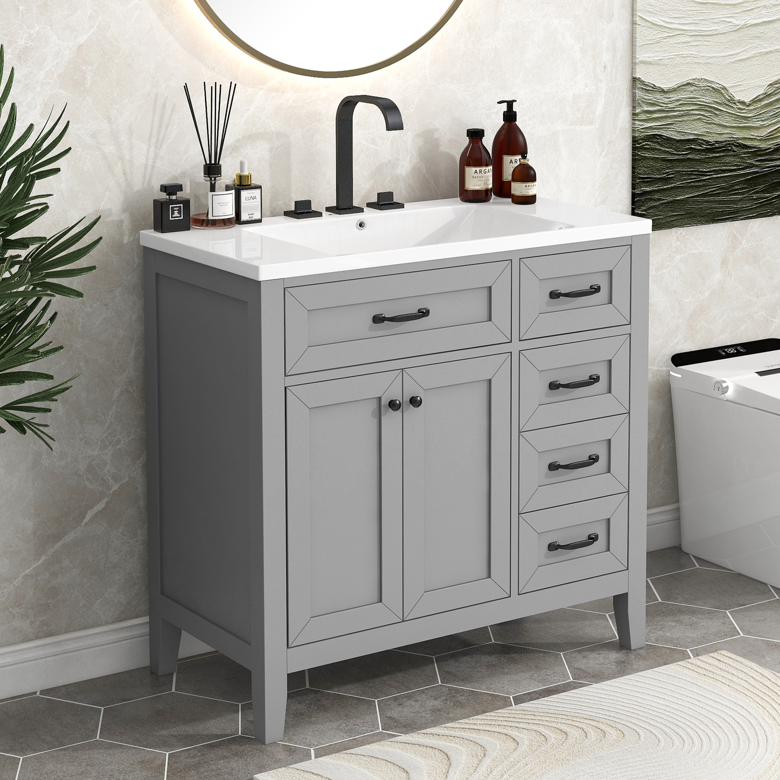 36″ Bathroom Vanity w/ Sink, Freestanding Storage Bath Vanity Cabinet, 3 Drawers