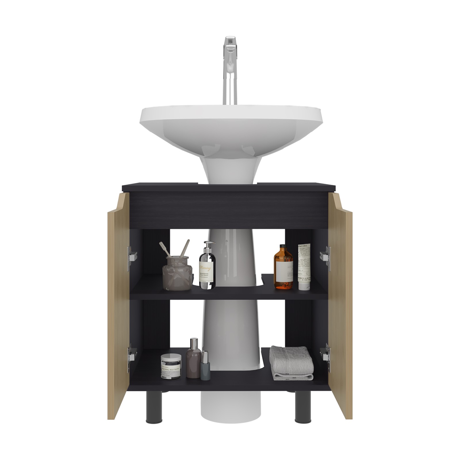 Under Sink Storage Cabinet with 2 Doors and 2 Shelves Natural Oak Black Wengue