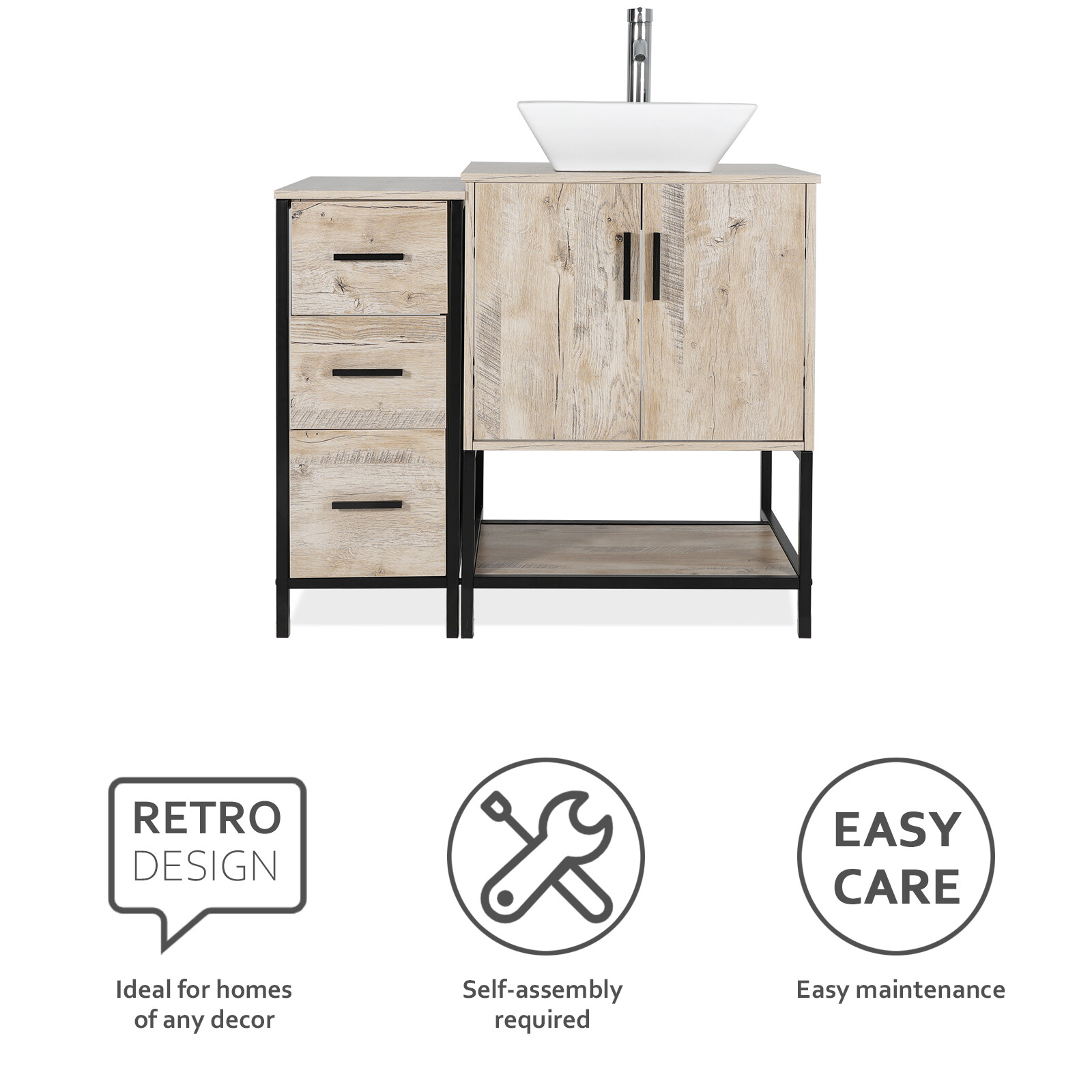 36″ Bathroom Vanity Sink Combo Oak Cabinet Vanity Tempered Glass/Ceramic Sink