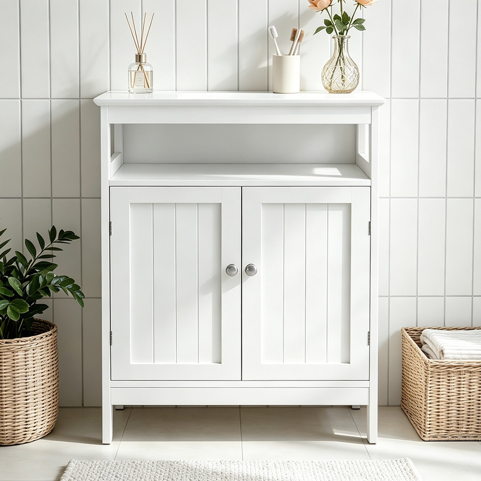 Cabinet For Bathroom 24 Inch White Floor Standing Vanity Cabinet With Open Shelf