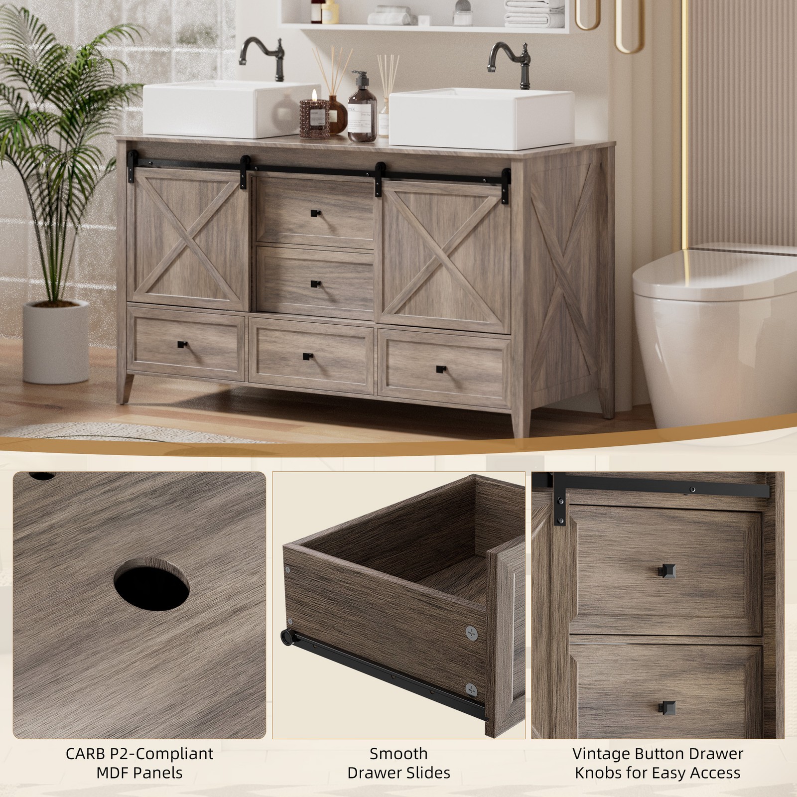 60″ Bathroom Vanity with Double Sink Combo Cabinet, Soft-Close Door & 5 Drawers