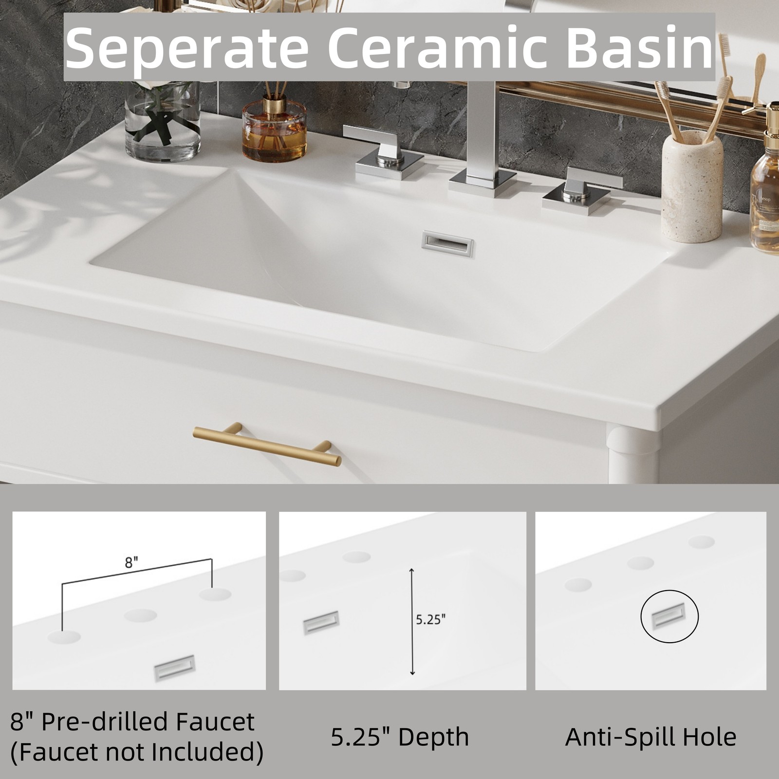 30″ Bathroom Vanity with Sink, Bathroom Cabinet with Soft Close Doors White