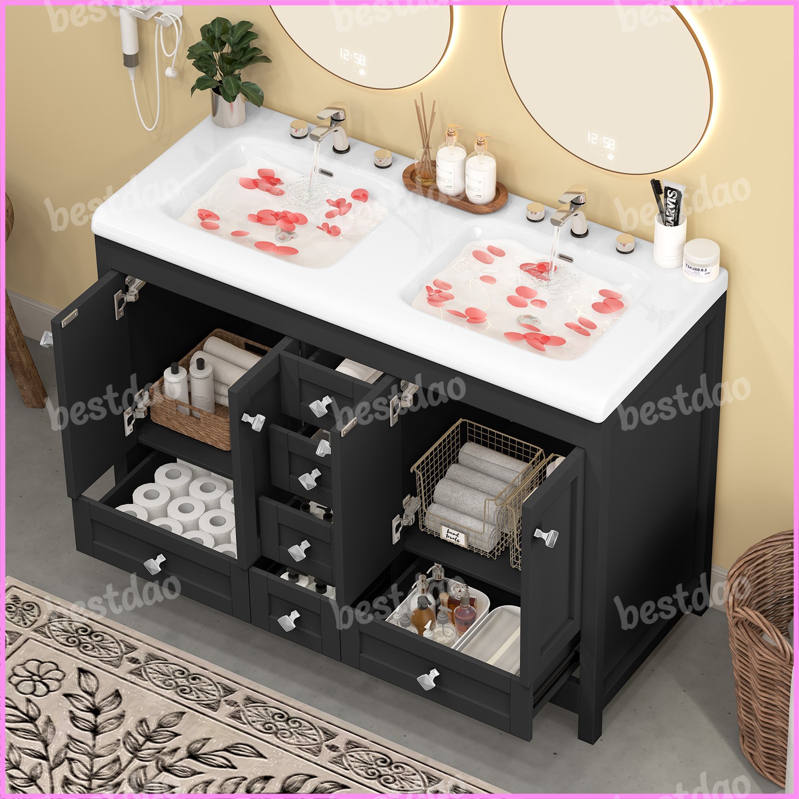 47″ Black Bathroom Vanity Cabinet w/ Double Ceramic Sinks & 2 Doors & 6 Drawers