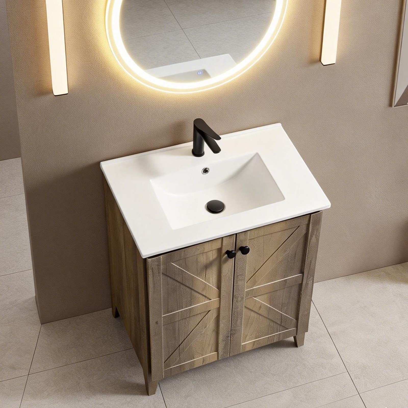 30″ Antique Grey Folding Floor Cabinet With Ceramic Sink Modern Storage Cabinet