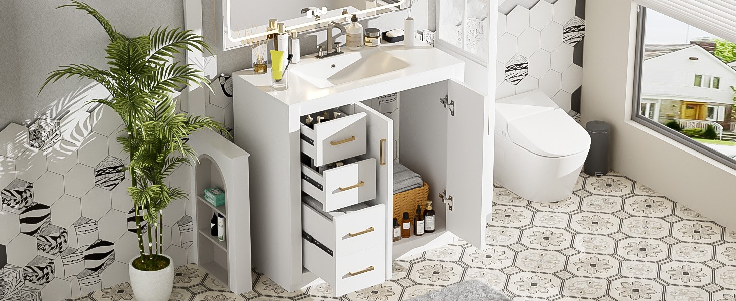 36″ Bathroom Vanity with Ceramic Sink, Solid Wood Frame, 3 Drawers & Doors