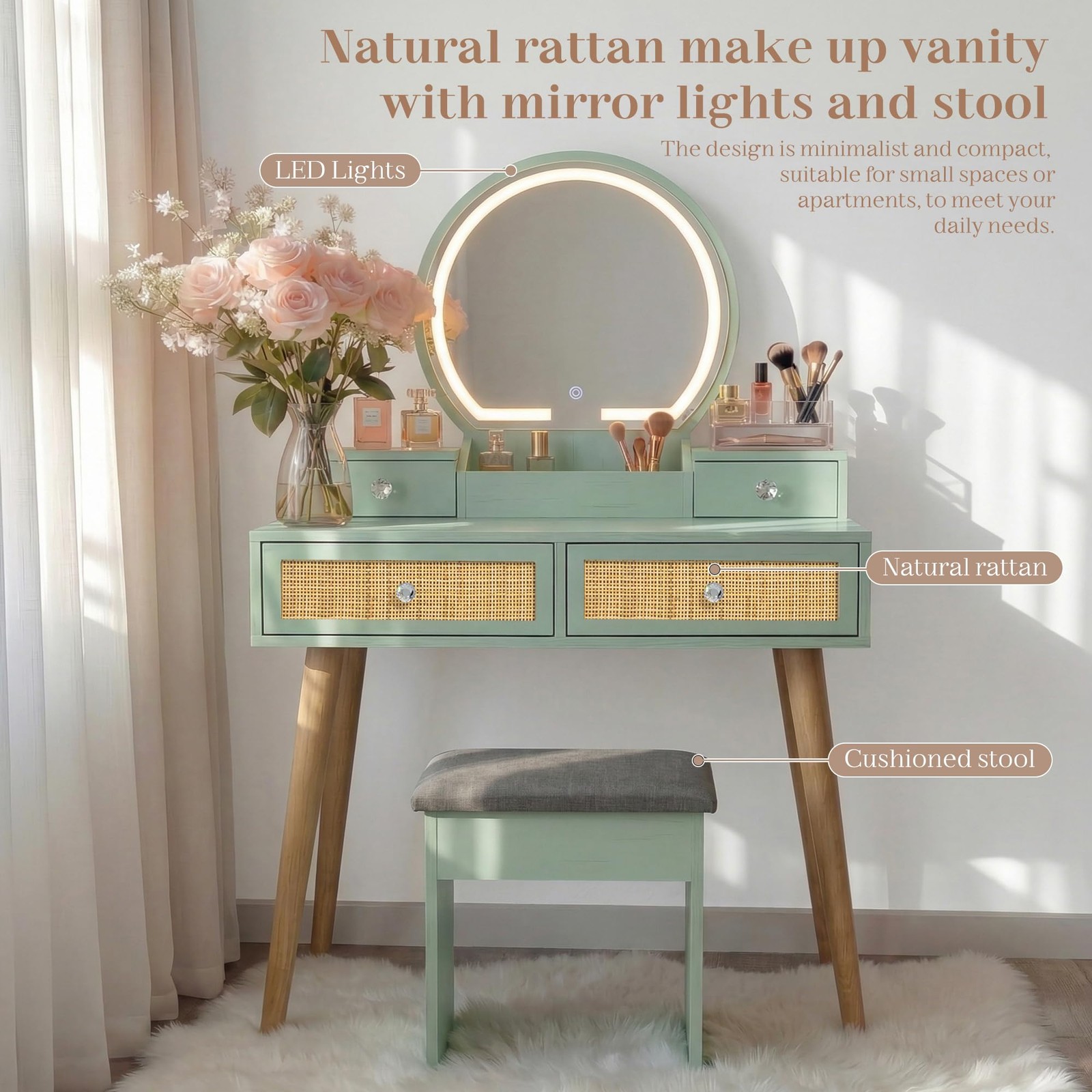 31″ Boho Natural Rattan Vanity Desk Set with 3-Mode Lighted Mirror & Stool Mint