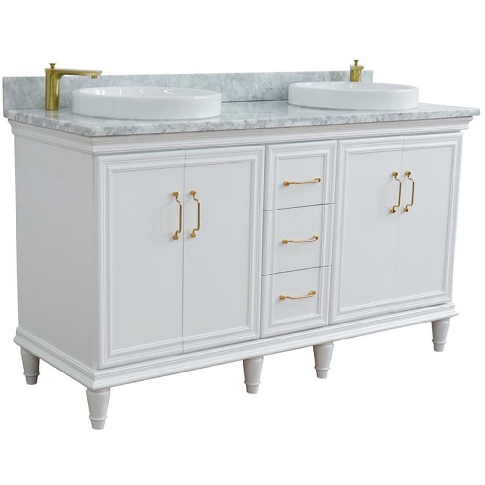 61 in. Double Wooden Vanity White White Carrara Marble Round Sink