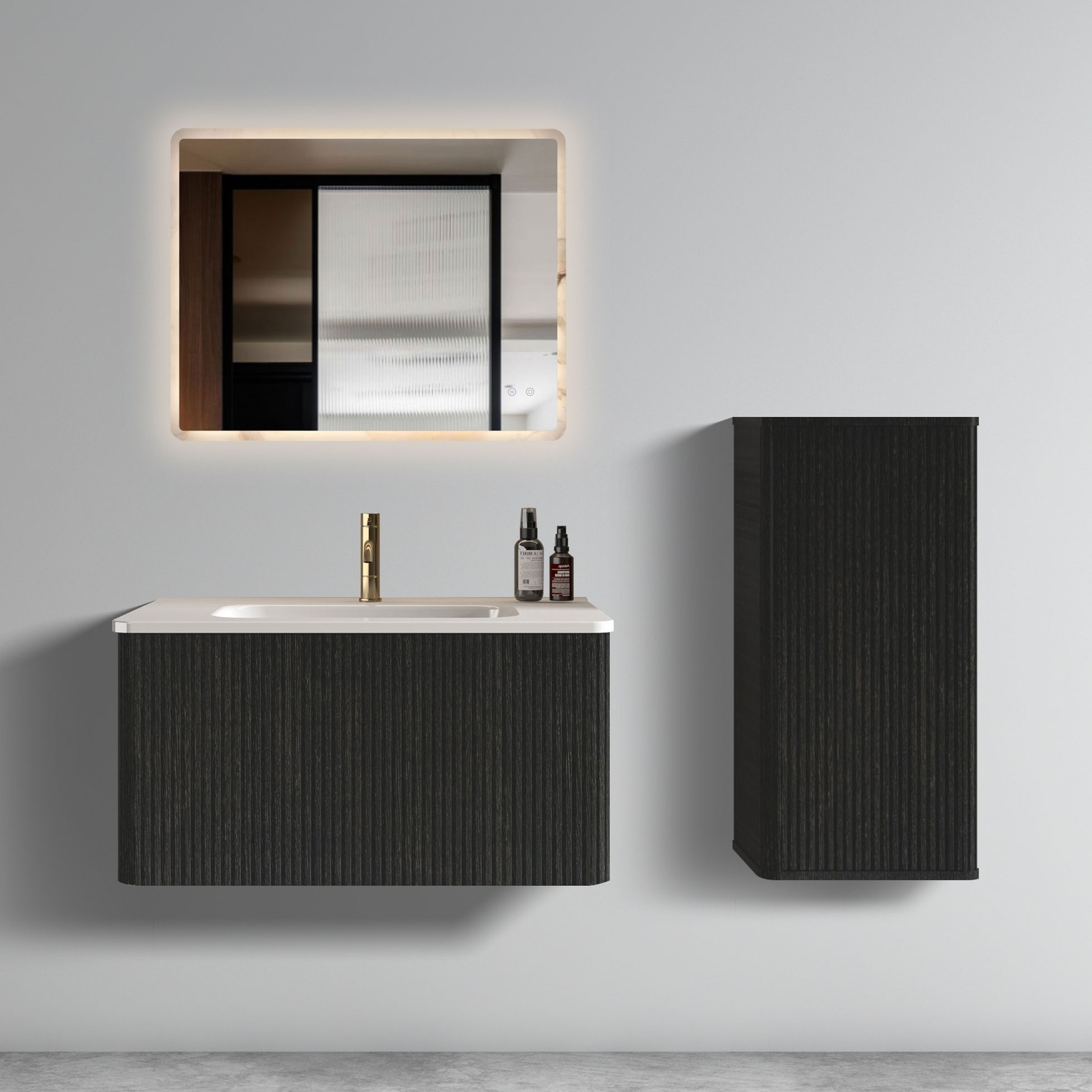 Etna 30″ Brushed Black Oak Floating Bathroom Vanity with White Ceramic Sink